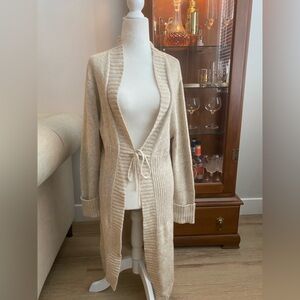 Christopher & Banks L Longline Beige Knit Open/Tie Front Cardigan Sweater 176E